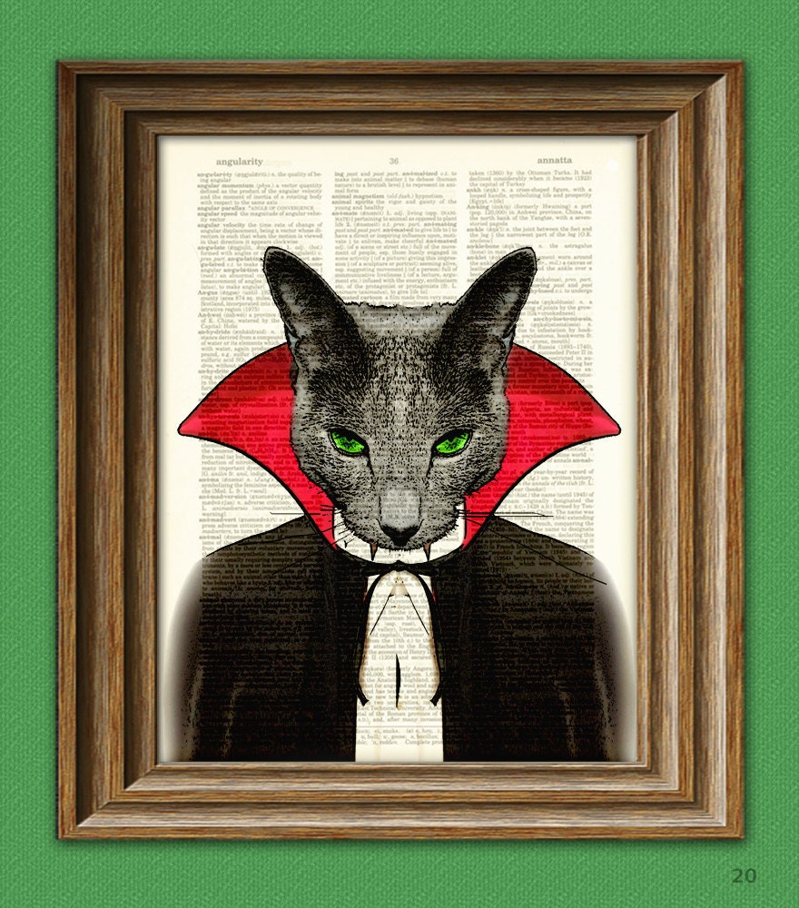 Cat Von Scratchula VAMPIRE CAT with cape and fangs illustration upcycled dictionary page book art print