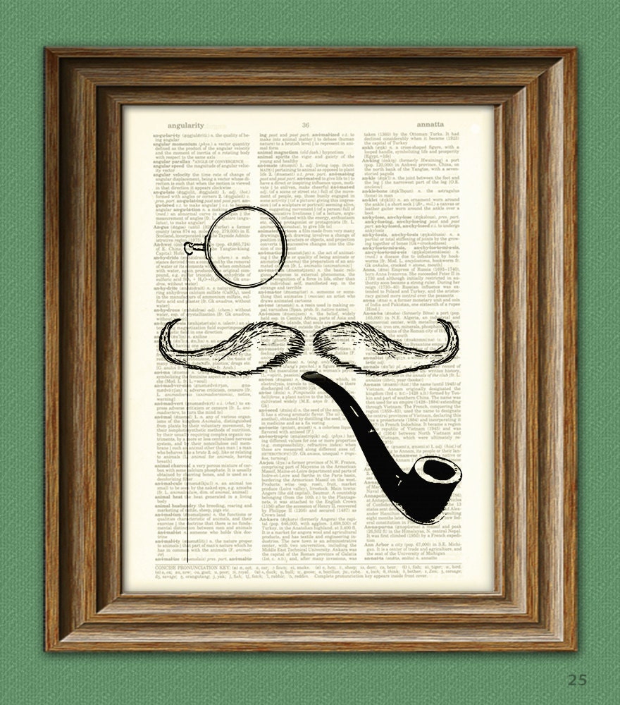 Mr Mustache with Monocle and Pipe beautifully upcycled vintage dictionary page book art print