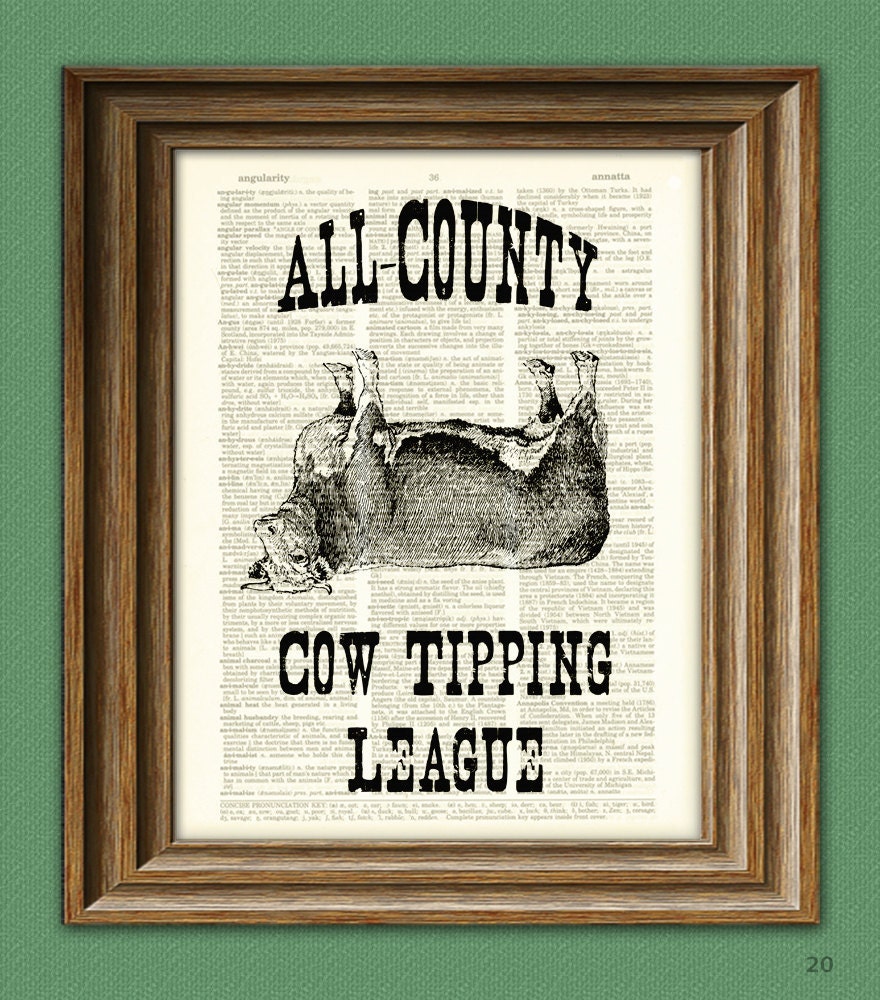 All-County Cow Tipping League illustration beautifully upcycled dictionary page book art print