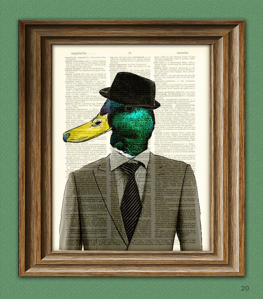 Duck Art Print Duck Draper Mallard Duck in a suit and fedora illustration beautifully upcycled dictionary page book art print