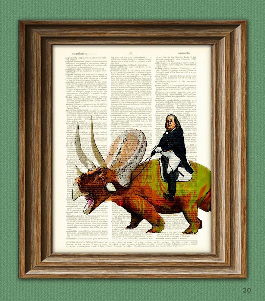 Benjamin Franklin riding a dinosaur beautifully upcycled dictionary page book art print