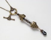 Steampunk Necklace vintage watch parts gears glass vial bottle black crystal gold leaf filigree Neo Victorian jewelry Steampunk Nation R1049