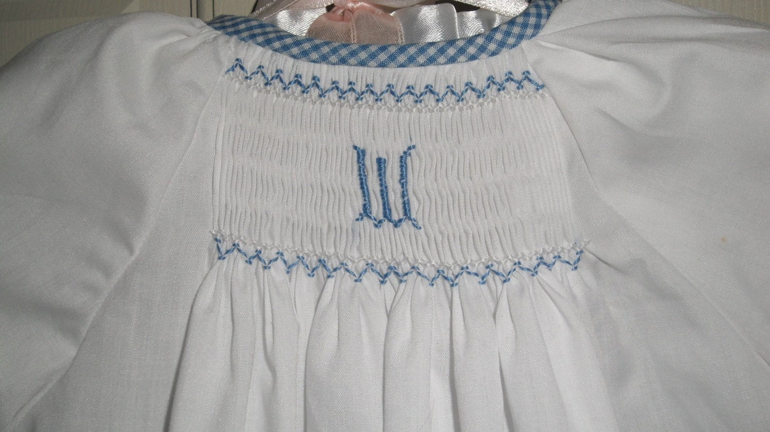 White Monogramed Smocked  Daygown, Pink or Blue