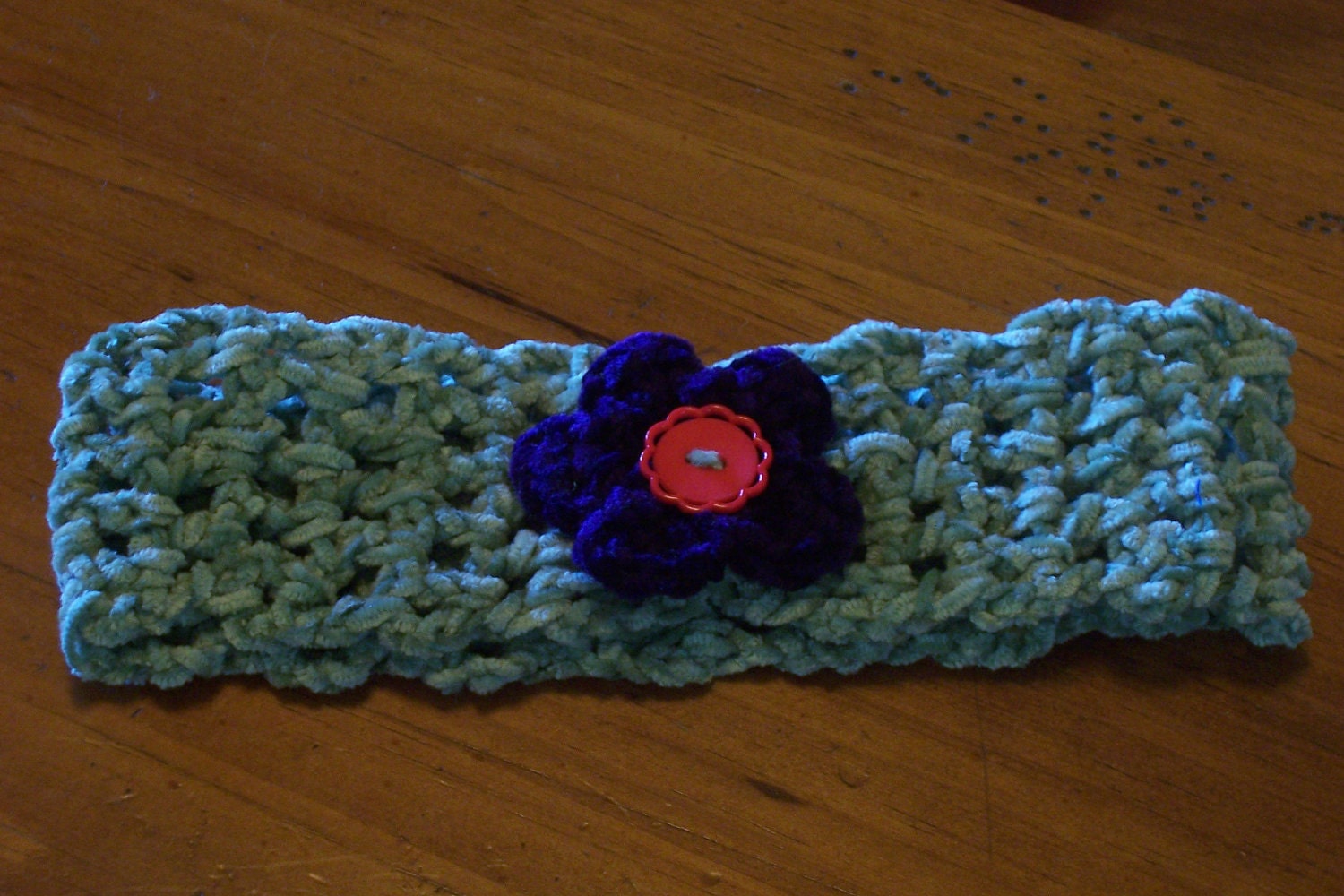 Flower Power Button Hand Crochet Headband Sage Green With Detachable Purple Flower