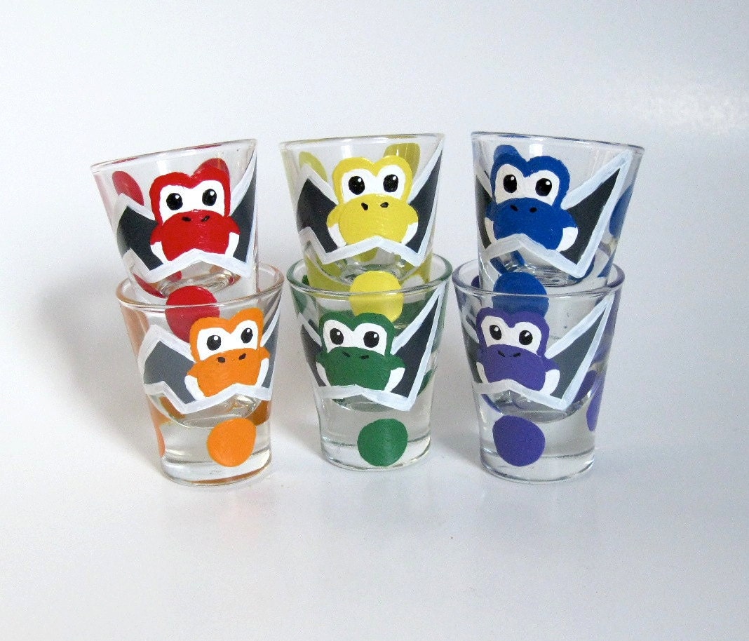 Yoshi Egg Shot Glasses- Set of 6 Rainbow Hand Painted Mario Inspired Glasses