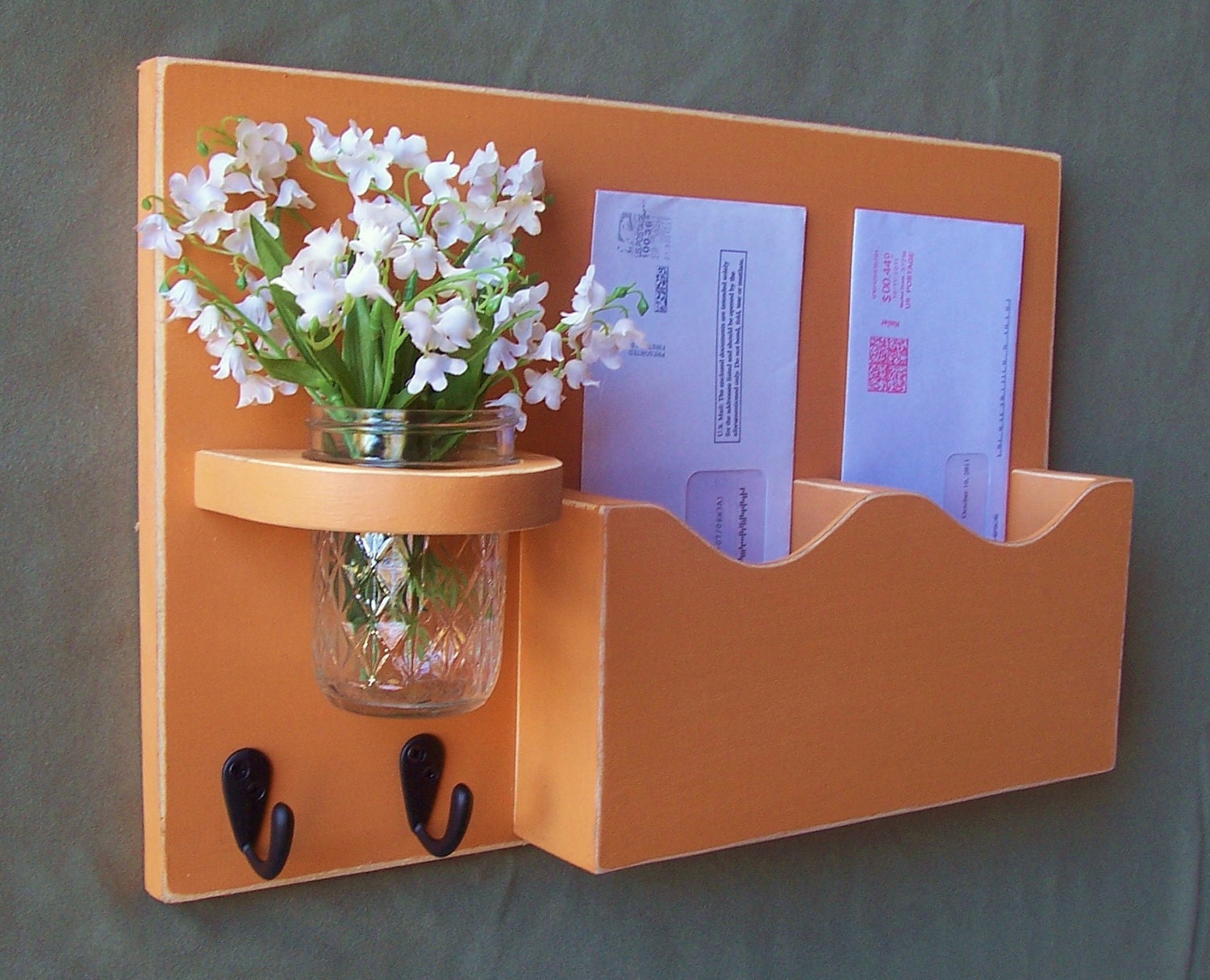 Mail Organizer - Mail and Key Holder - Letter Holder - Double Slots - Key Hooks - Jar Vase - Organizer - Painted Distressed Wood