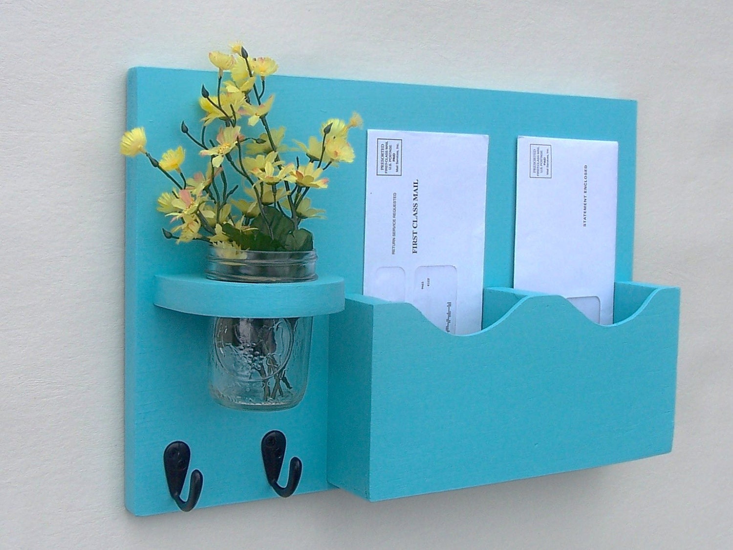 Mail Organizer - Mail Holder - Double Slots - Key Hooks - Jar Vase - Organizer - Painted Distressed Wood