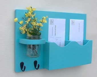 Mail Organizer - Mail Holder - Double Slots - Key Hooks - Jar Vase - Organizer - Painted Distressed Wood