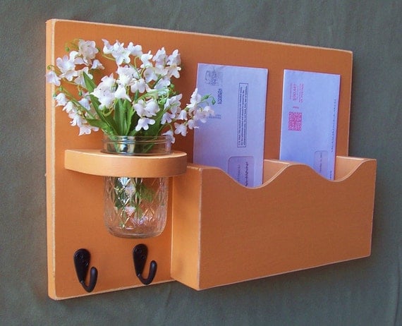Mail Organizer - Mail and Key Holder - Letter Holder - Double Slots - Key Hooks - Jar Vase - Organizer - Painted Distressed Wood