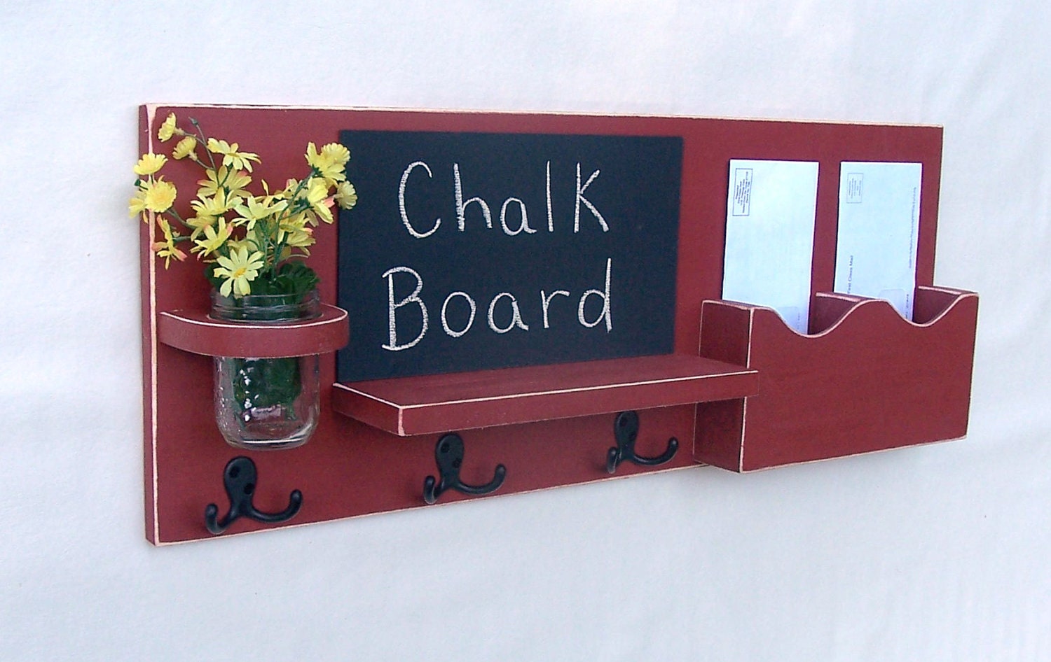 Mail Organizer - Mail and Key Holder - Chalkboard - Chalk board - Key Hooks -  Coat Rack - Wood