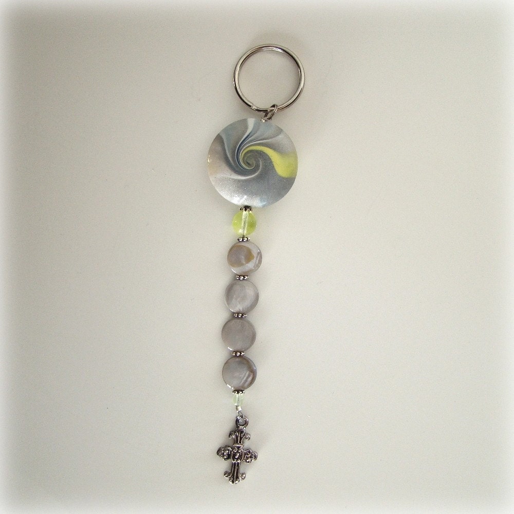 Polymer Clay Focal Bead Key Ring with Mother of Pearl Beads