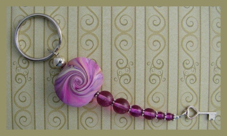 Polymer Clay Focal Bead Key Ring in Pink