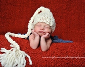 Newborn Elf Baby Hat - Knit Cream Undyed Merino Wool Tail Long