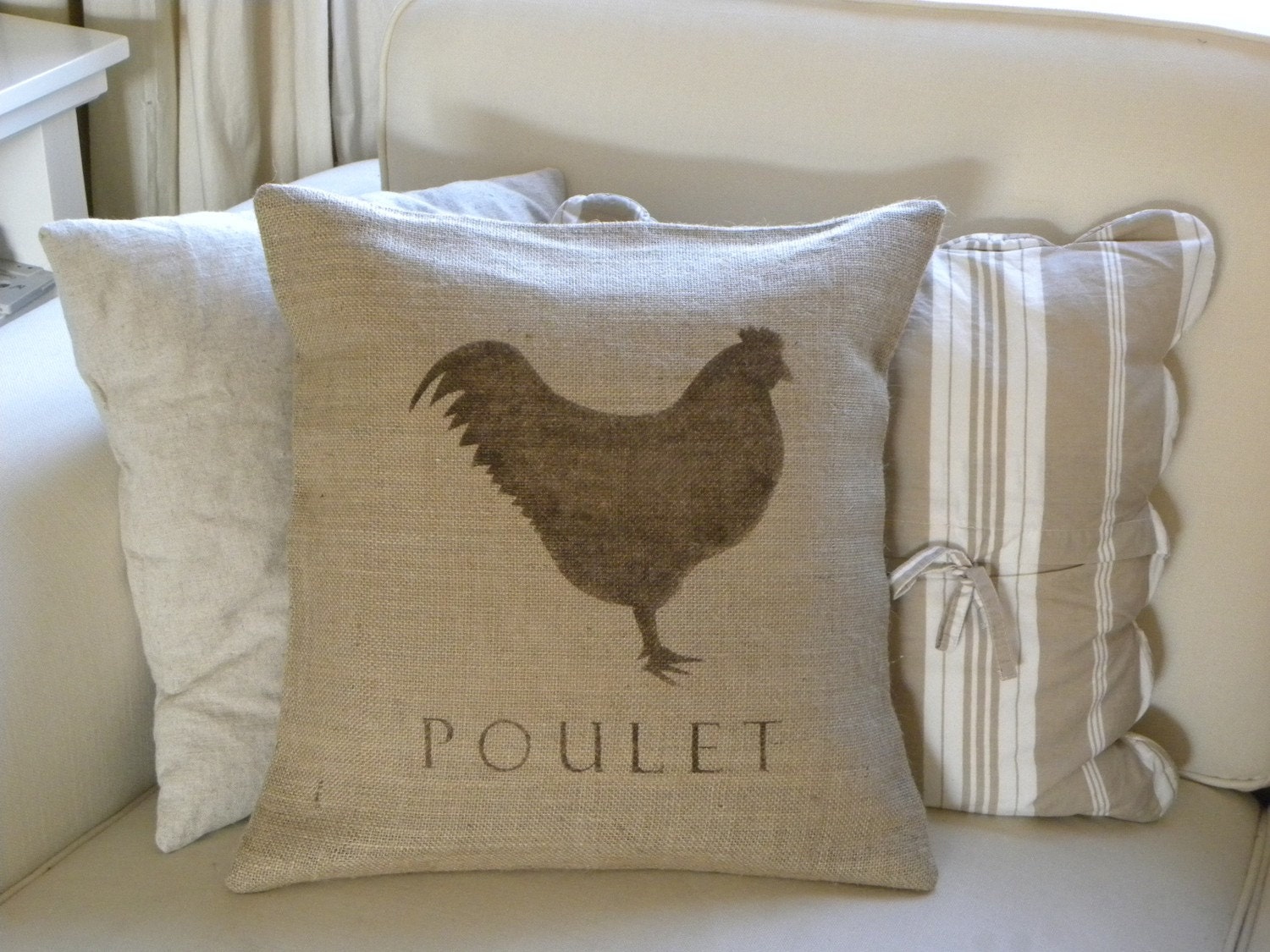 Burlap French Chicken Poulet pillow cover