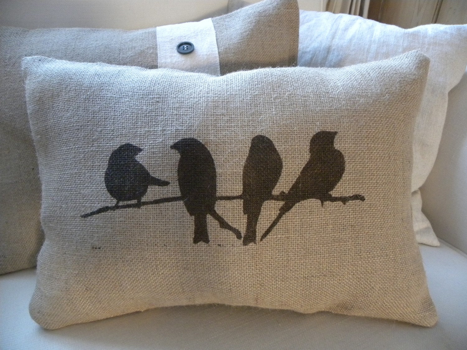 Cute burlap birds on branch pillow