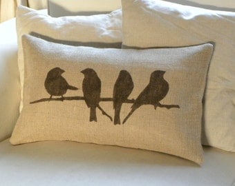 Birds on branch burlap pillow cushion cover