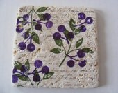 Purple Eggplant Plum Berries Coasters with French Script - Set of 4 - Home Decor or Perfect Gift