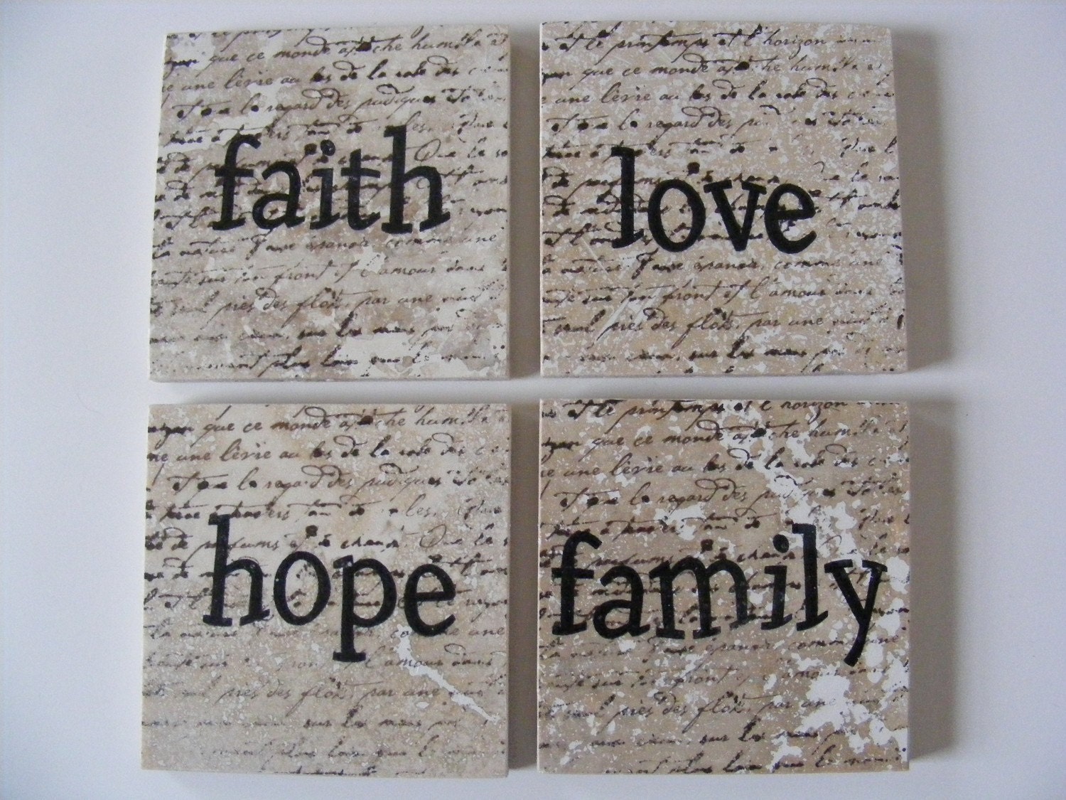 Faith Hope Love Family Coasters Travertine Tile Stone - Set of 4 - Home Decor