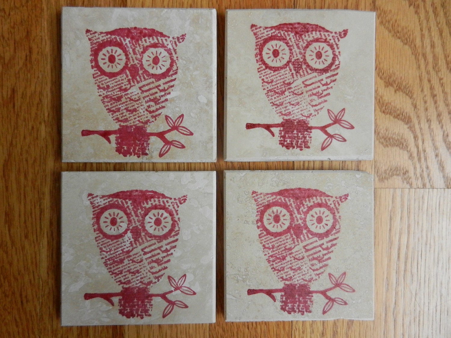 Owl Coasters Red Travertine Tile Drink Coaster  - Set of 4 - Perfect for Home Decor, Gift or Keep a Set for Yourself