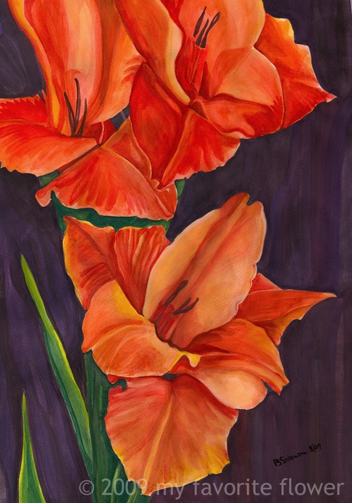 orange flowers, original watercolor painting, gladiolus flower