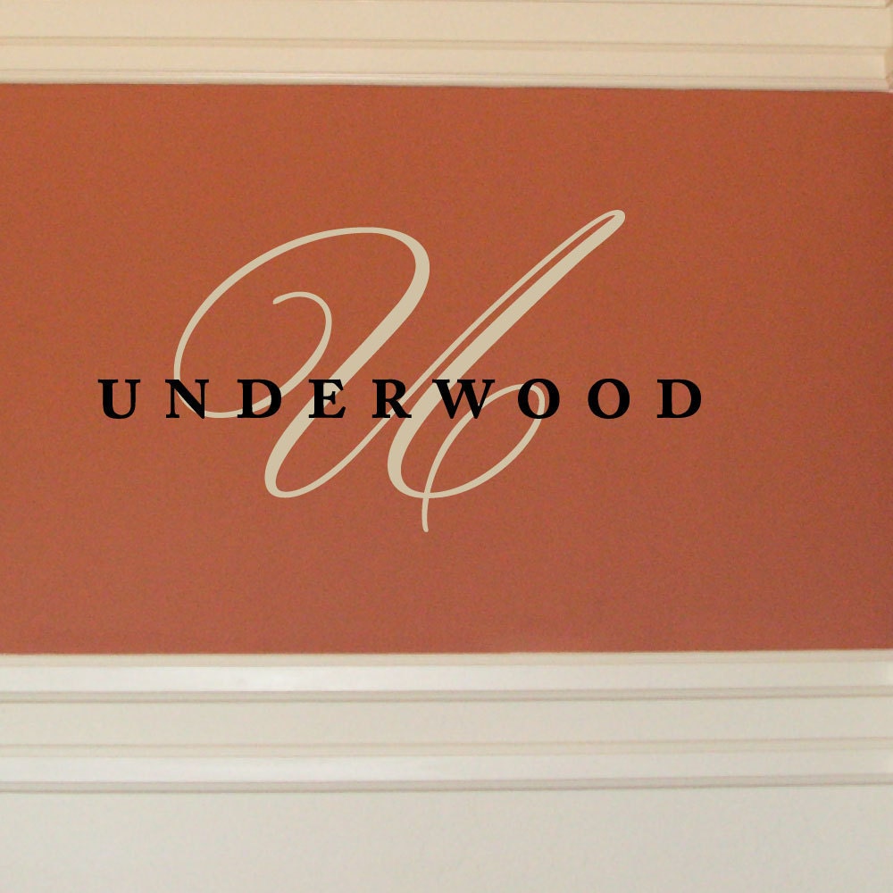 Classic MONOGRAM Initial with FAMILY Last Name great for Family Room, Living Room vinyl lettering wall decal sticker (W00367)