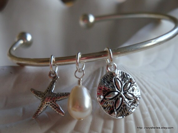 Sterling Silver Plated Beach Cuff Bracelet with Swarovsk Pearl and Sterling Charm