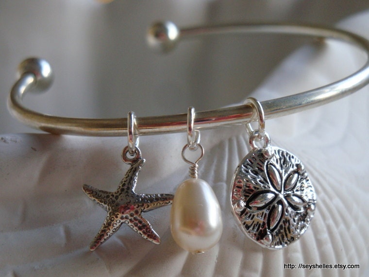 Sterling Silver Plated Beach Cuff Bracelet with Swarovsk Pearl and Sterling Charm