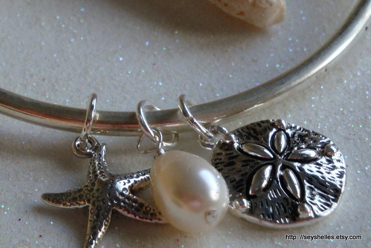 Sterling Silver Plated Beach Cuff Bracelet with Swarovsk Pearl and Sterling Charm