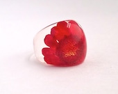 Red Orange Resin Cocktail Ring. Pressed Flower Resin Ring.  Red Resin Ring.  Handmade Jewelry with Real Flowers - Red Orange Chrysanthemum
