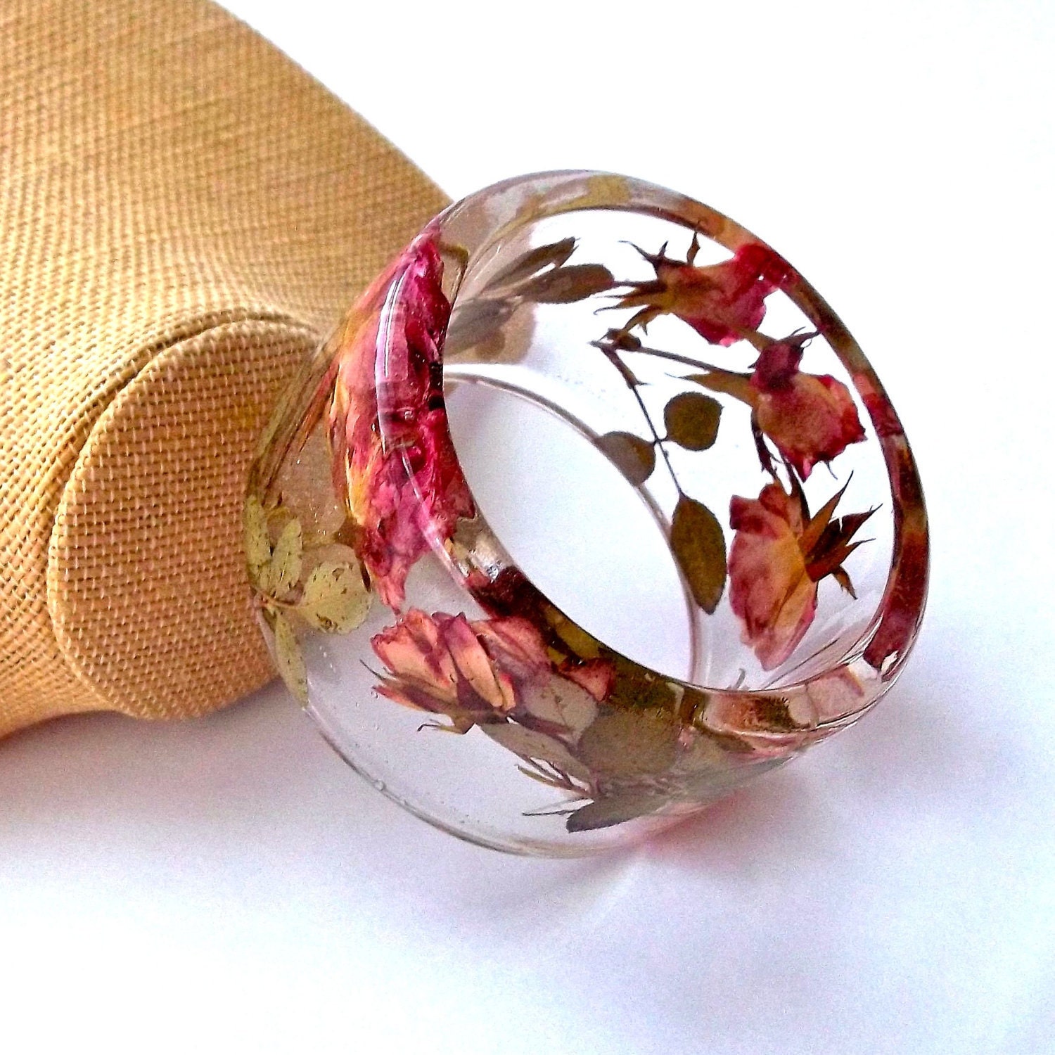 Pink and Yellow Roses Botanical Resin Bangle.  Chunky Bangle with Pressed Flowers.  Real Flowers - Pink and Yellow Roses
