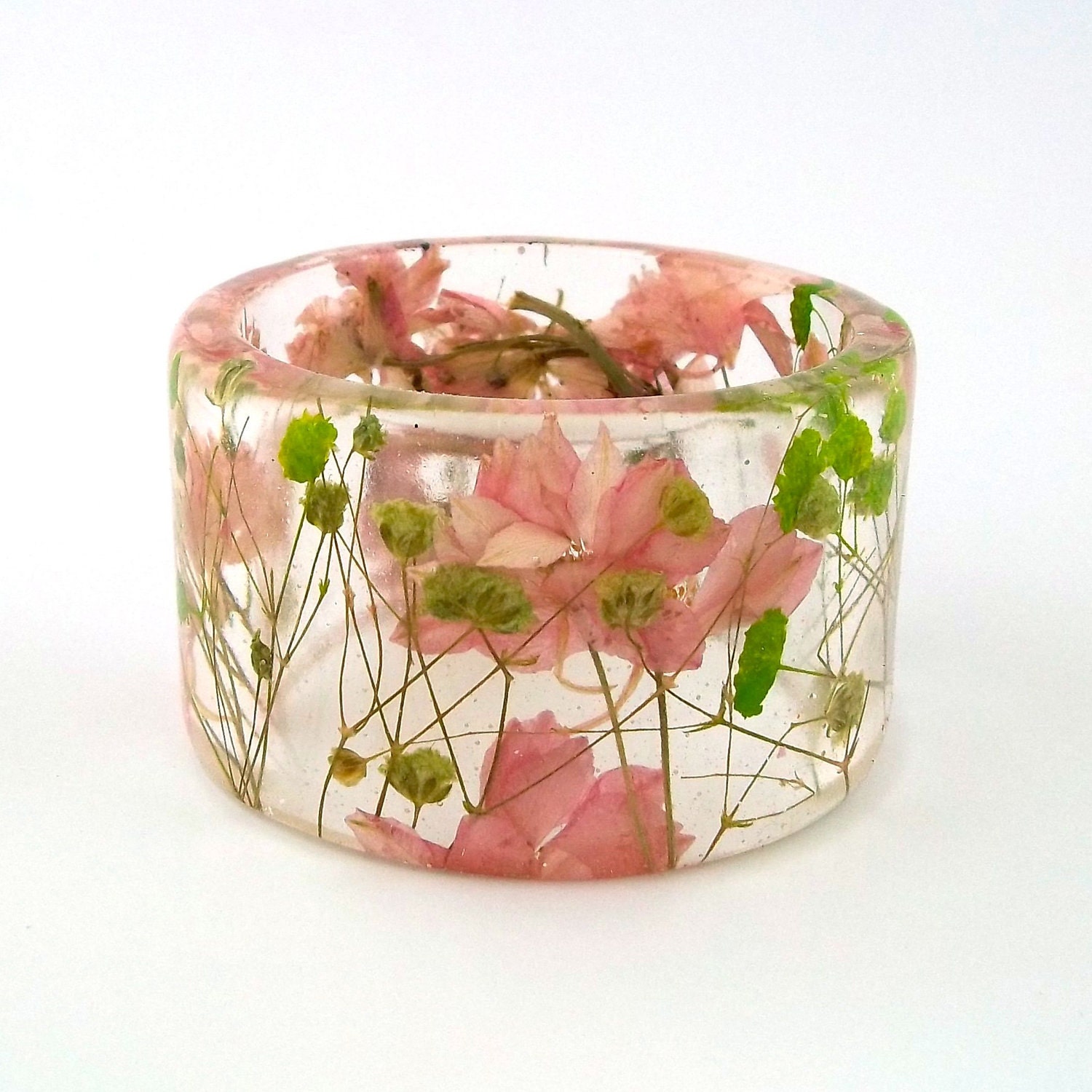 Pink and Green Botanical Resin Bangle. Chunky Bangle with Pressed Flowers. Real Flowers - Green Baby's Breath.