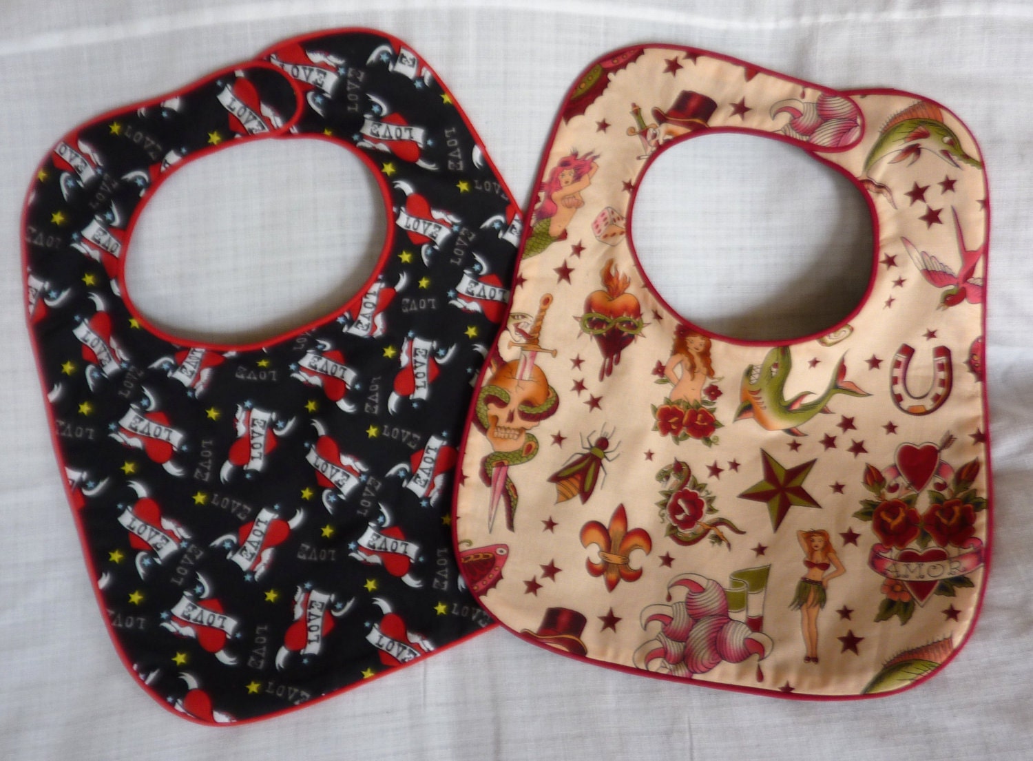 Pink Retro and Love Tattoos Baby Bib Set - set of 2 bibs