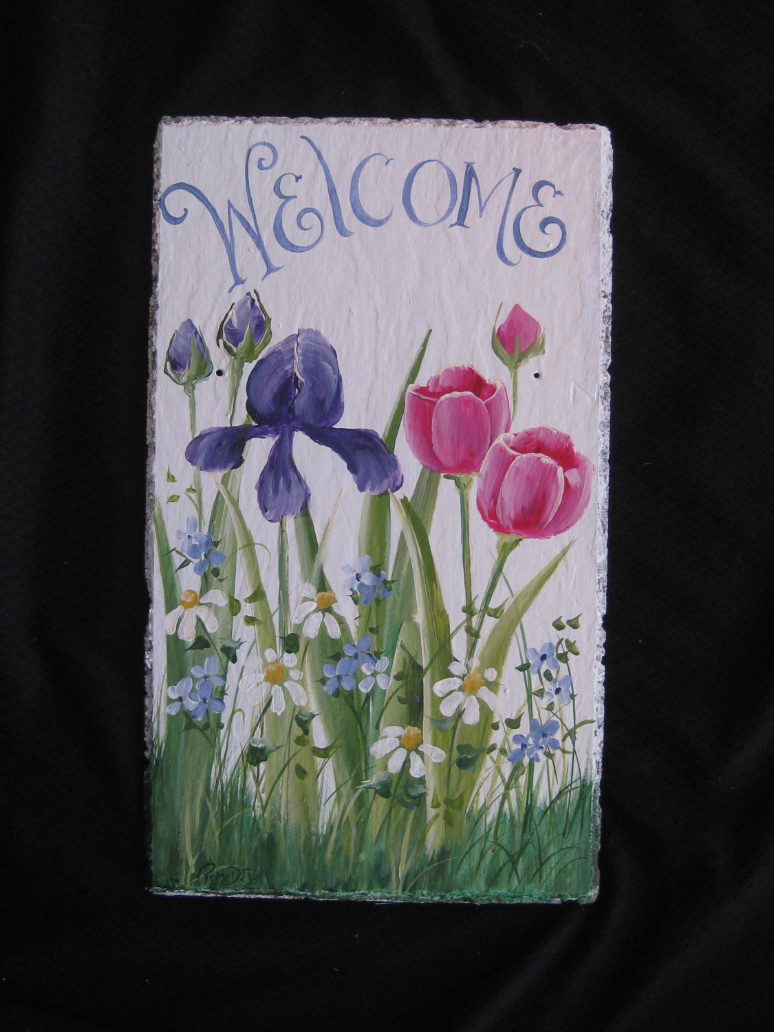 Hand Painted Welcome Sign - Slate Plaque with Iris and Tulips - Free Personalizing