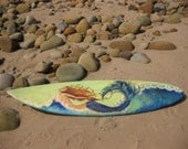 MERMAID Painted on a Recycled SURFBOARD - Mermaid Body-Surfing a Wave