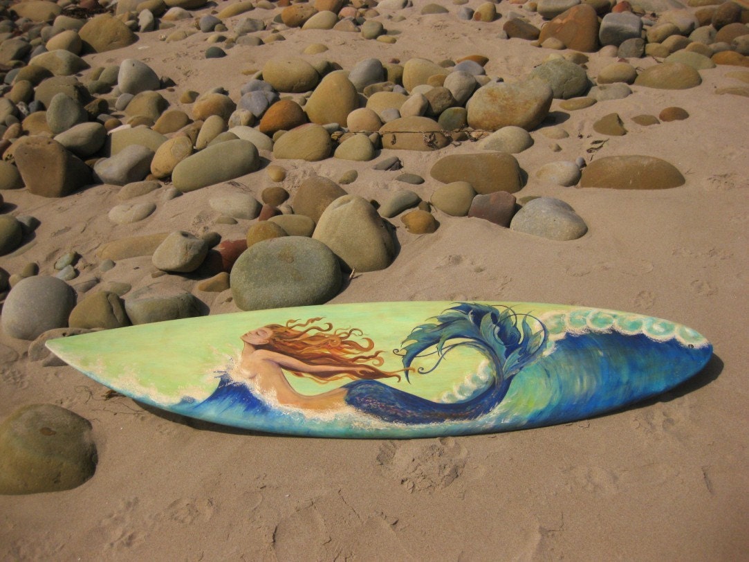 MERMAID Painted on a Recycled SURFBOARD - Mermaid Body-Surfing a Wave