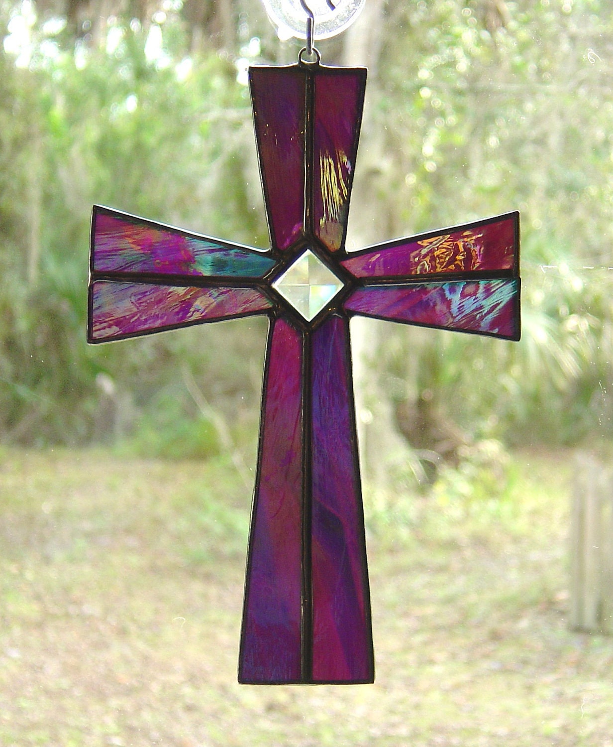 Iridescent Purple Stained Glass Cross with glass Bevel EASTER GIFT