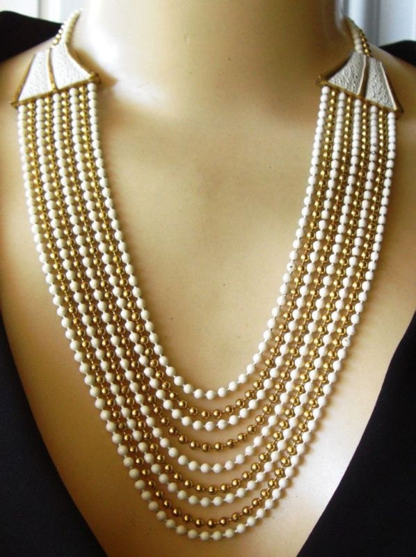 1920s Art Deco White Enamel Brass Vintage Necklace