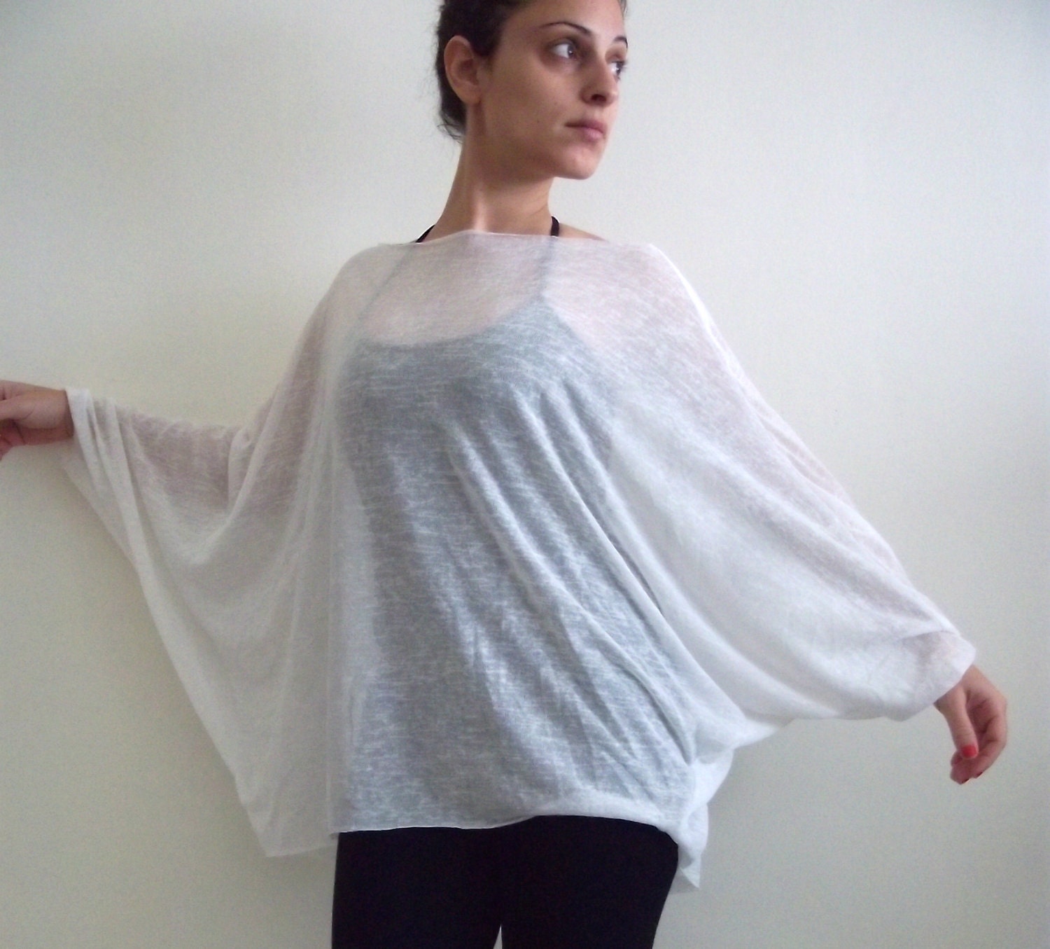 Oversize Sheer Knitted Top- Dolman oversize white knitted top with bat sleeves ON SALE