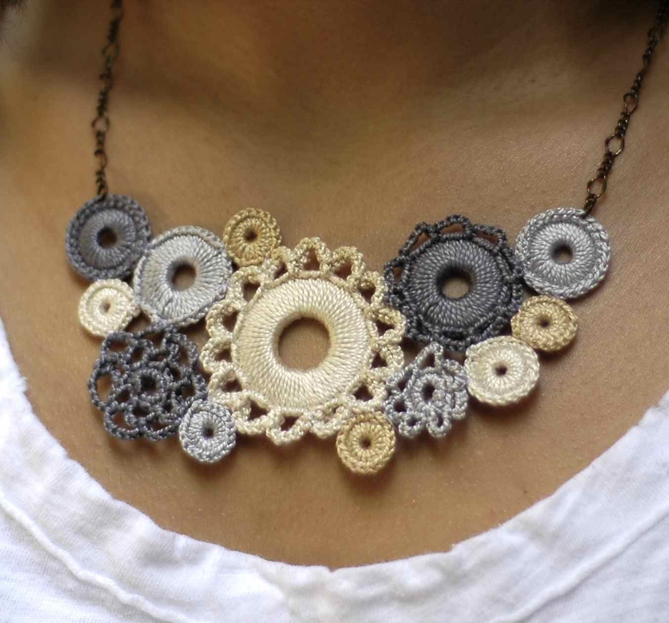 Crocheted Lace Whimsical Bib Necklace - Shades of Pearl