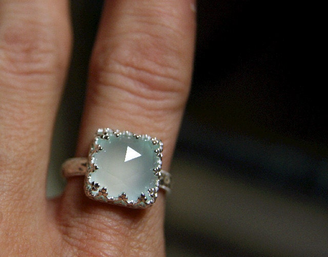 Sterling Silver Chalcedony Ring, Natural Aqua Stone, Crown of Hearts, Faceted Genstone-made to order in your size