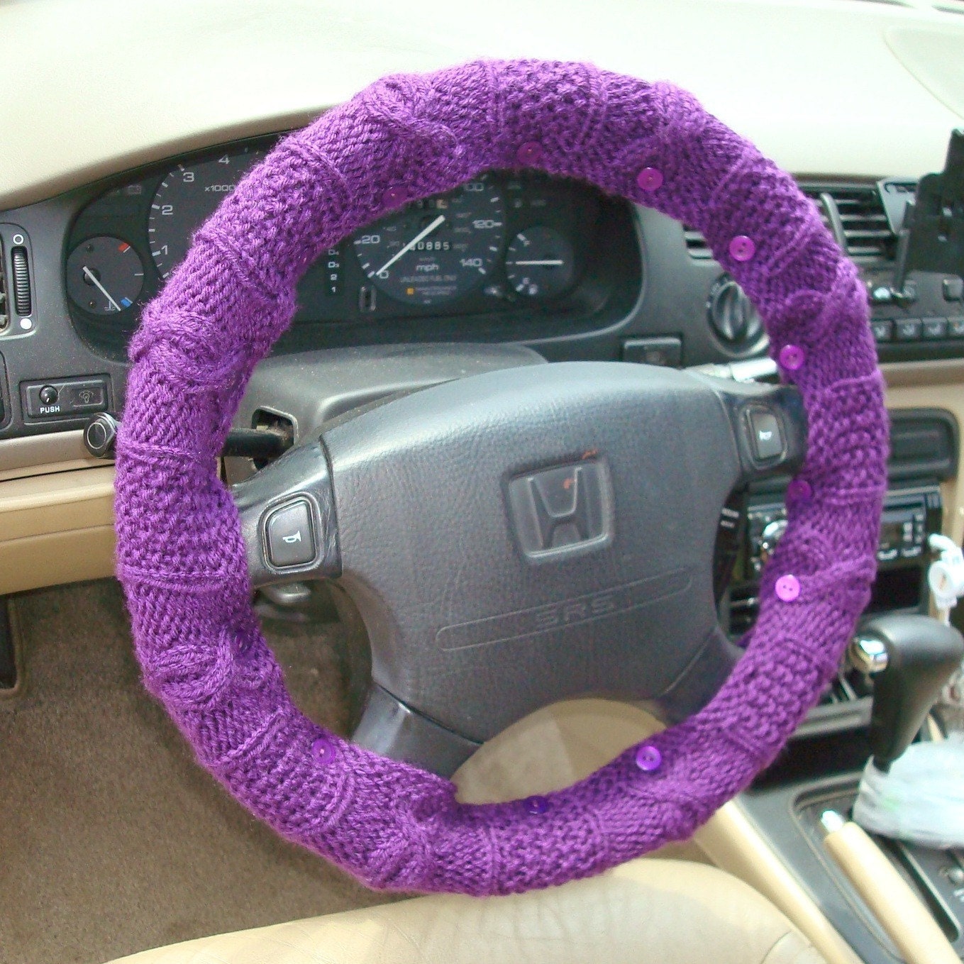 Knit Steering Wheel Cover (Warm Violet) with safety rubber backing, machine washable