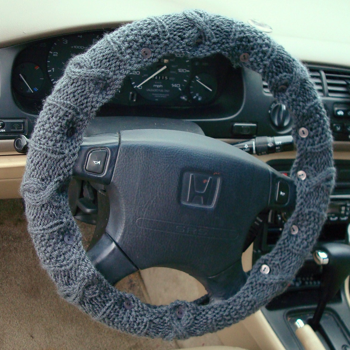 Knit Steering Wheel Cover (Medium Blue Grey) with safety rubber backing- machine washable