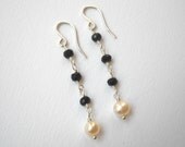 Onyx and Pearl Earrings - Beaded Earrings Sterling Silver Earrings Black and White Beadwork Earrings Dangle Earrings