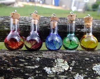Set of 5 Miniature Glass Potion Bottles, Color Cascading Effect Charm Pendants/Ornaments