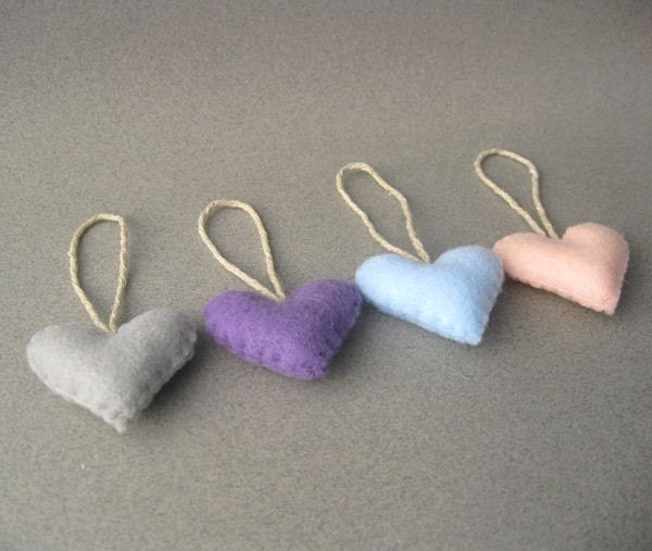 Eco Pastel Heart Ornaments Recycled Felt baby pink, gray, baby blue, violet set of 4