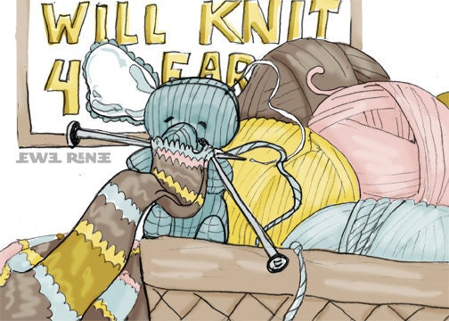 Will Knit 4 Ear Whimsicle Illustration 4x6 Print