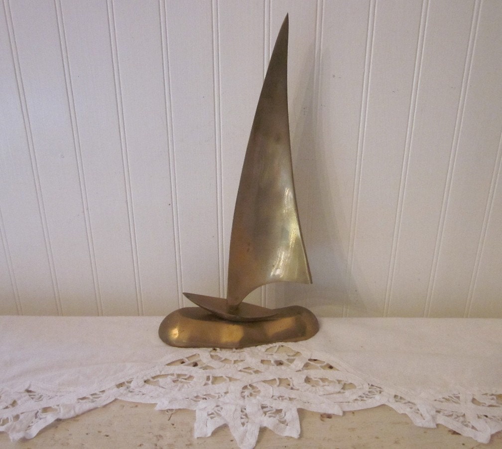 Brass Sailboat, Tall Sunfish Style Boat, vintage charm, beach cottage, lake house, seaside decor, nautical objet d'art