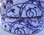 7/8 Purple Swirls and Butterflies on White 5 yards Printed Grosgrain Ribbon Hair Bow Hairbow Making Supplies by the yard yrd yrds yd yds