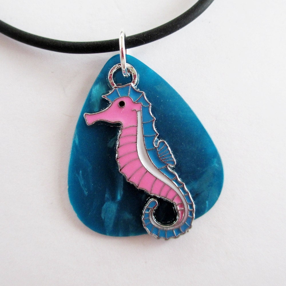 SALE Guitar Pick Necklace Pink Seahorse Turquoise Pearloid - susanwilliamsdesigns