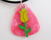 SALE Guitar Pick Necklace Yellow Tulip Pink Pearloid